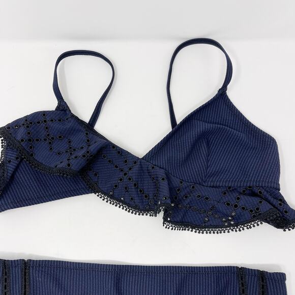 Jonathan Simkhai Striped Ruffle Bikini Set Navy Black Medium Top Small Bottom - Picture 3 of 12